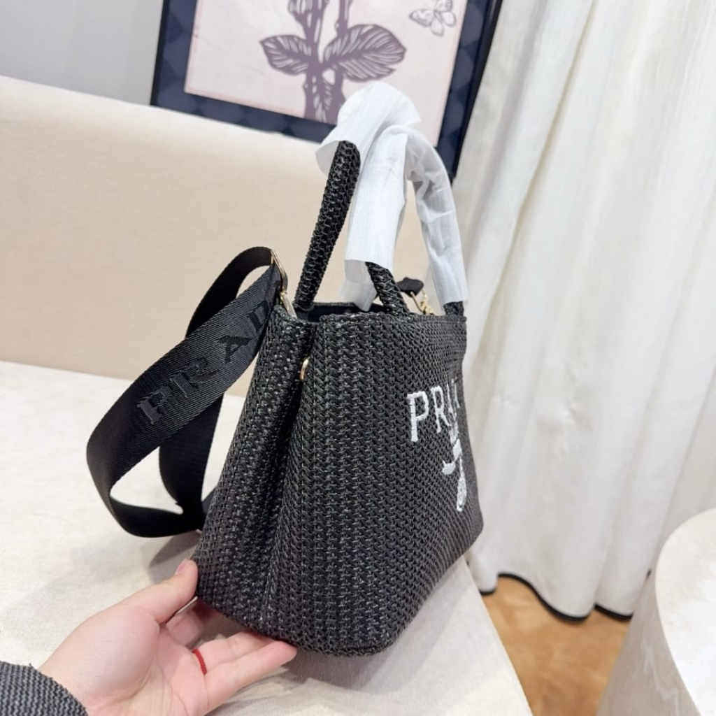 Prada Small Crochet Tote Bag Raffia In Black 26cm 1BG422 2A2T F0002 V OOL