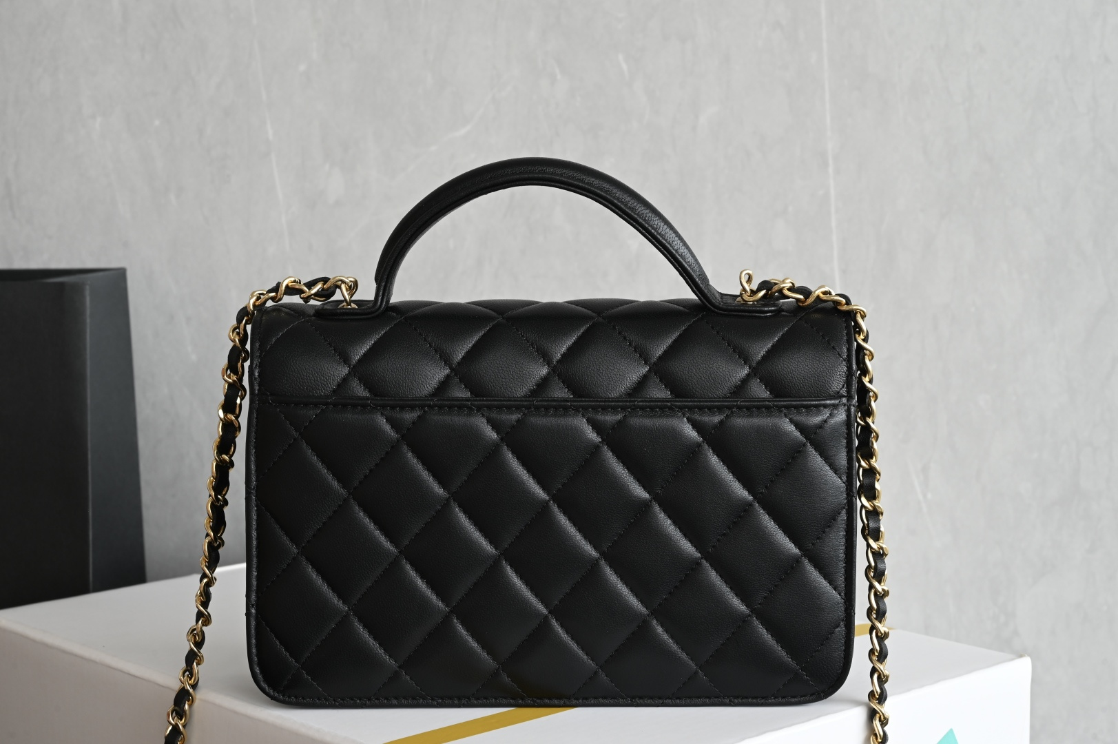 25B Mini Flap Top Handle Messenger Bag in Black Shiny Lambskin with Gold-Tone Hardware (Model AS5701)