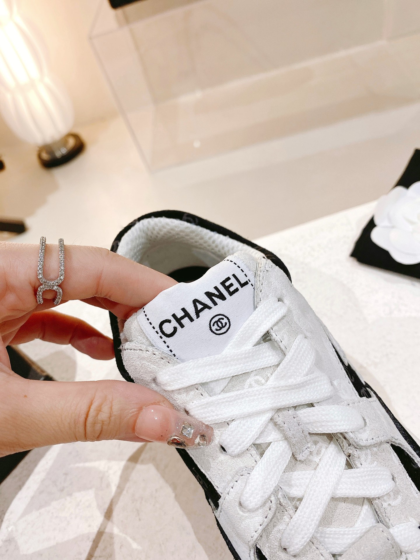 Chanel Printed Suede Calfskin Sneakers White And Black G39230 X56653 94305