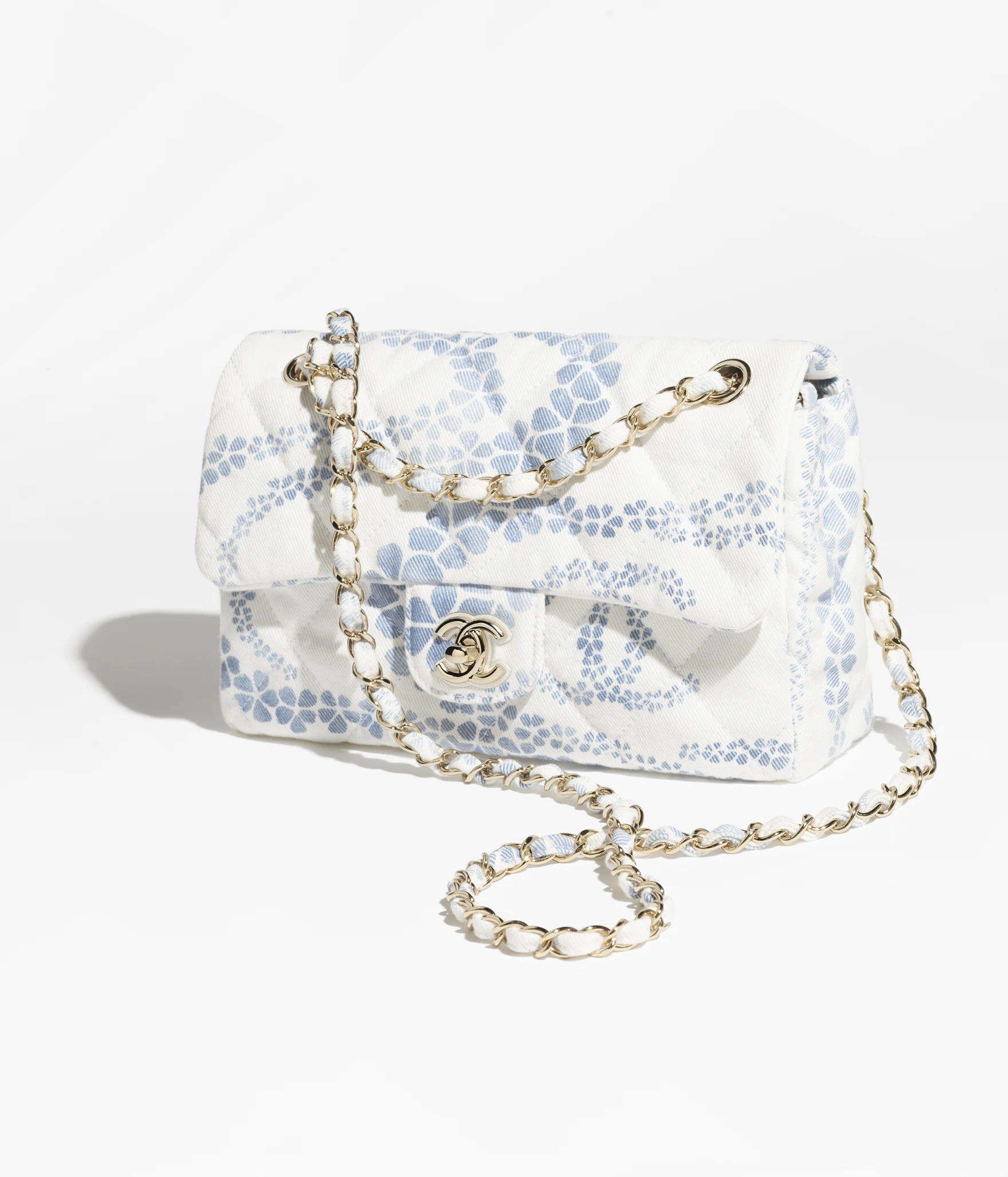 Chanel Flap Bag Printed Denim & Gold-Tone Metal White & Blue