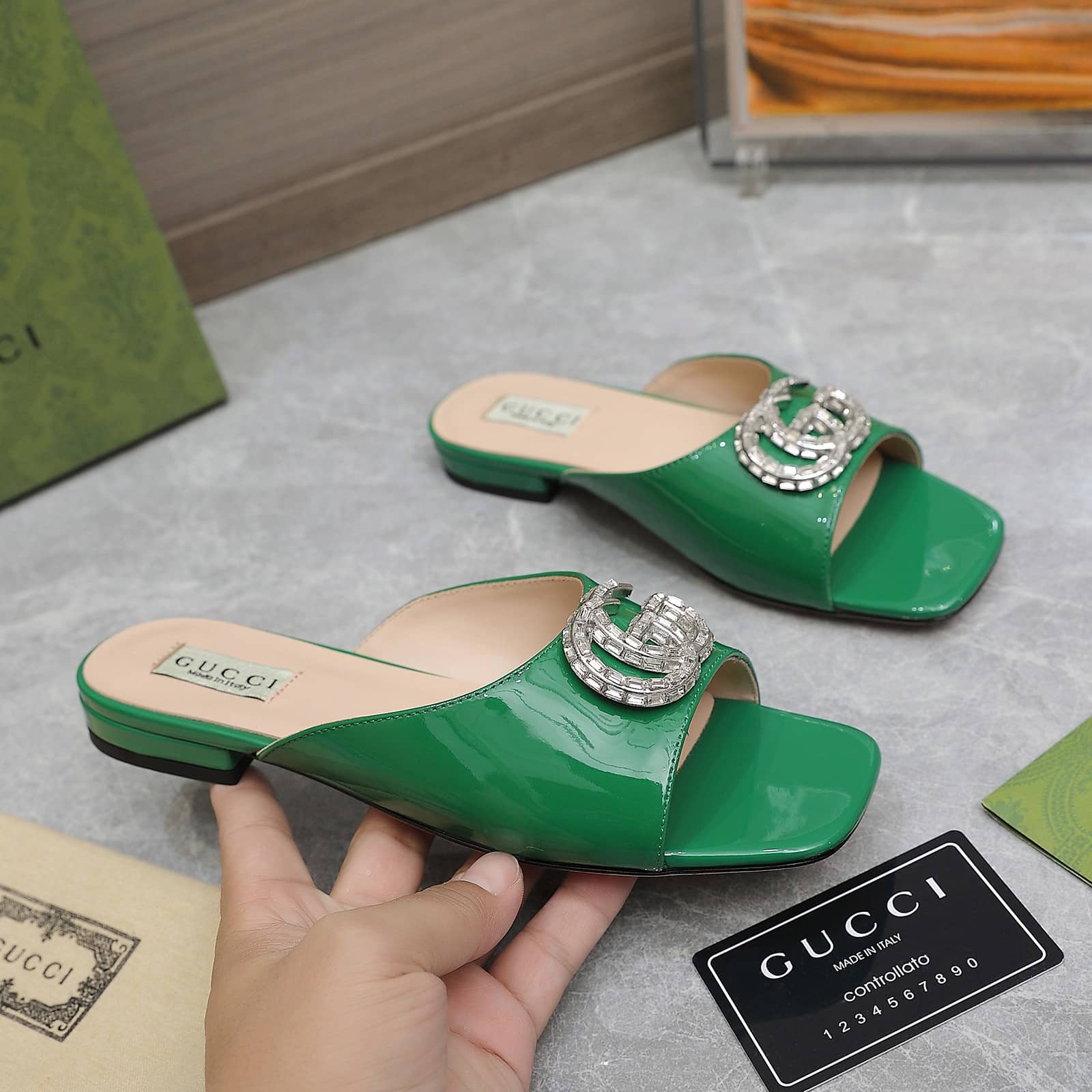 Gucci Gg Crystal Slippers Green