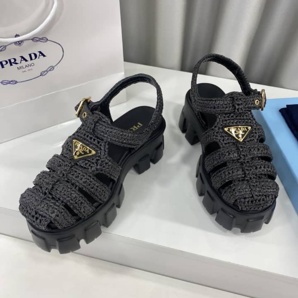 Prada Monolith Crochet Cage Sandals Black 1X138N 3L8W F0002 F 055