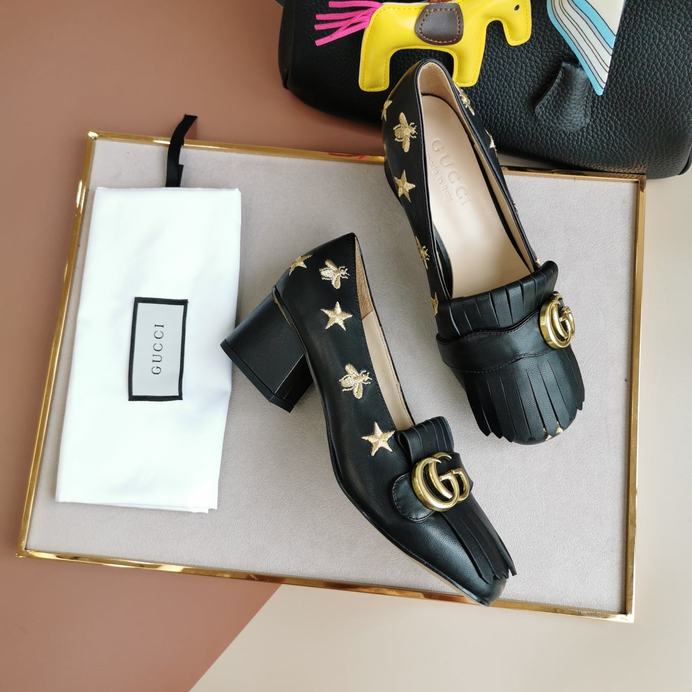 Gucci Embroidered Bee Star Leather Mid-Heel Pump Black
