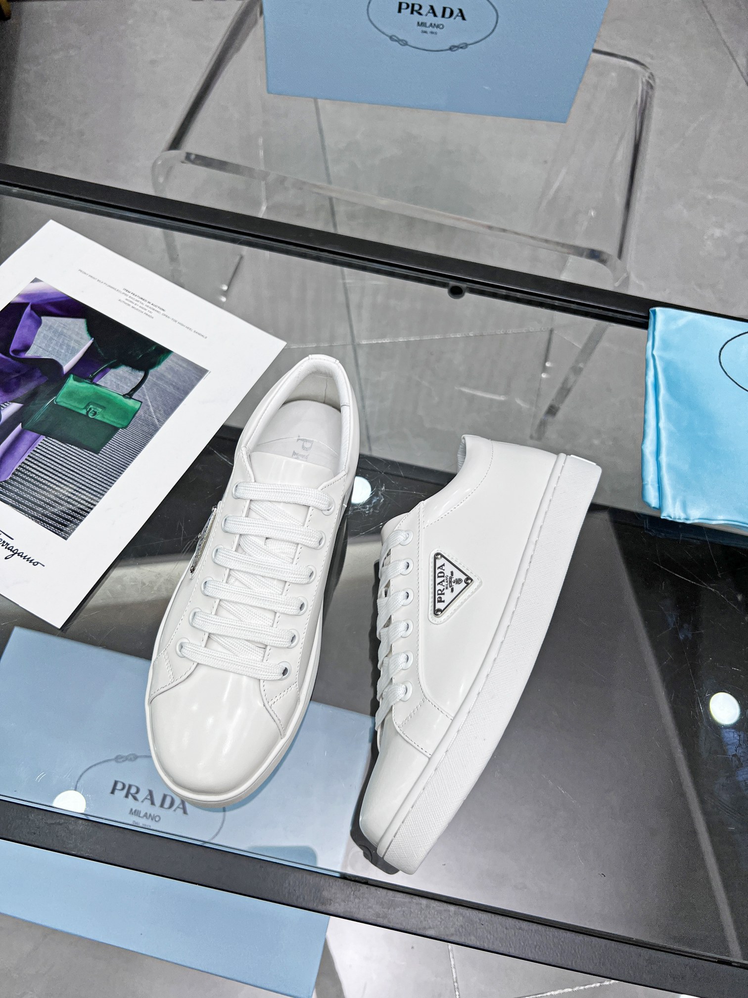 Prada Logo Sneakers In Brushed Leather White