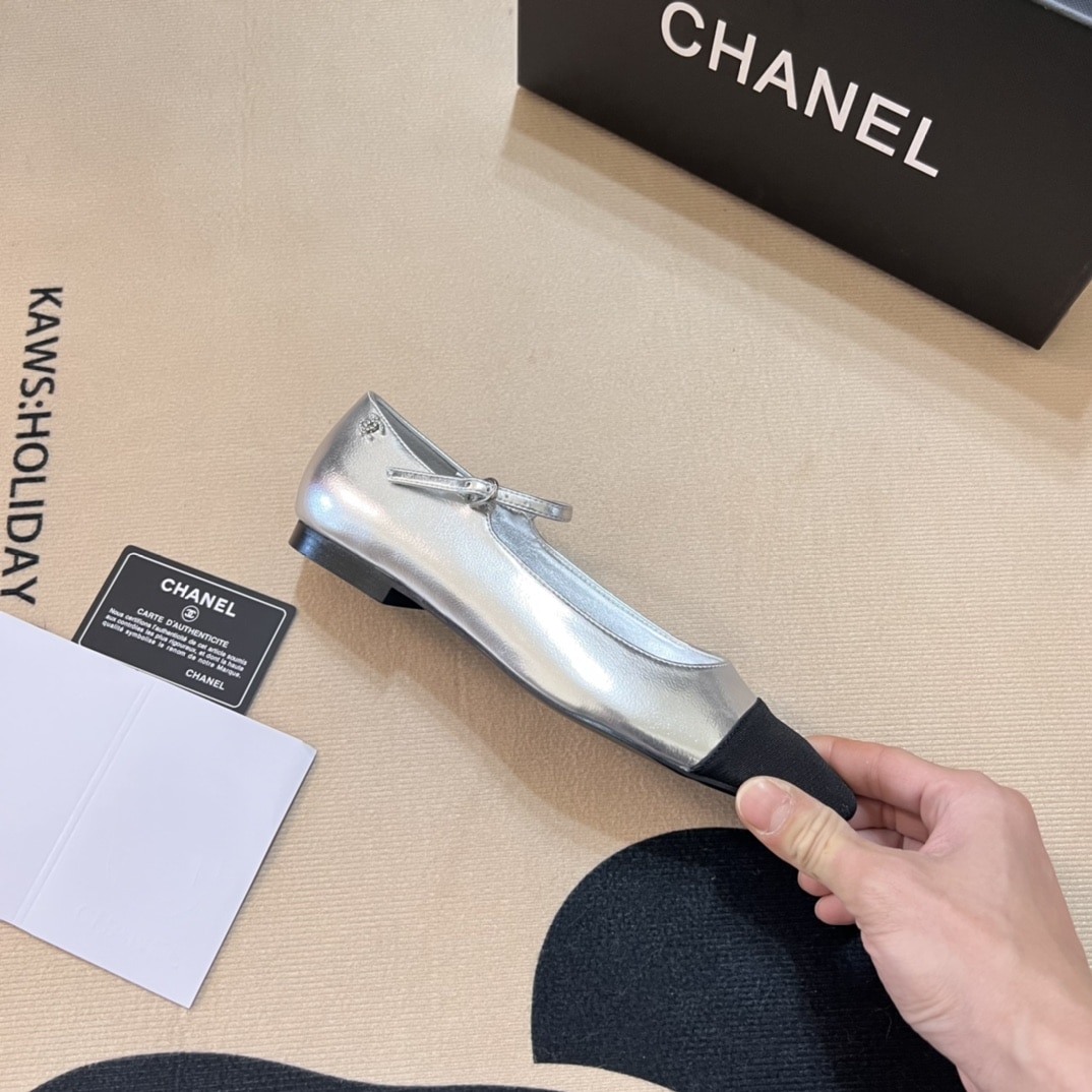 Chanel Square Toe Ballet Flats Black Silver