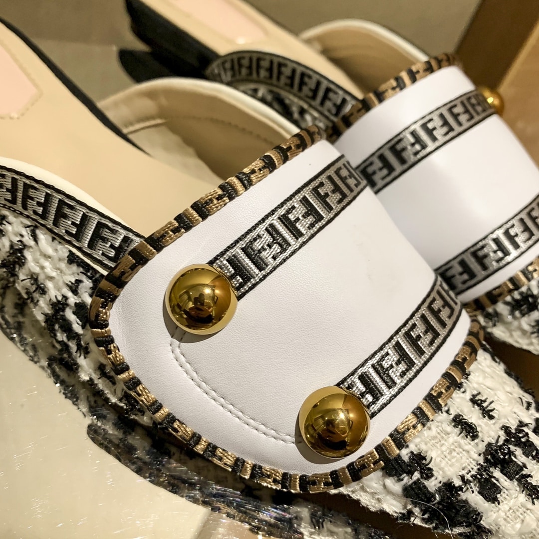 Fendi Ff Grey Strap Half Slippers White