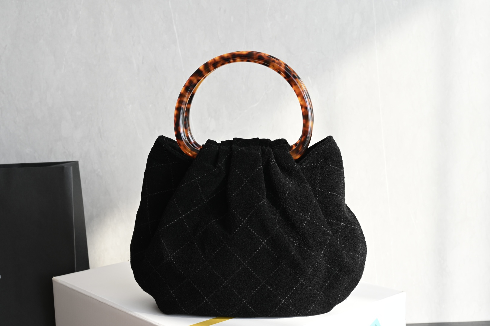 Small Hobo Bag in Black Suede Calfskin with Tortoiseshell Effect Plexi Handle & Gold-Tone Hardware (26C Cruise Collection)