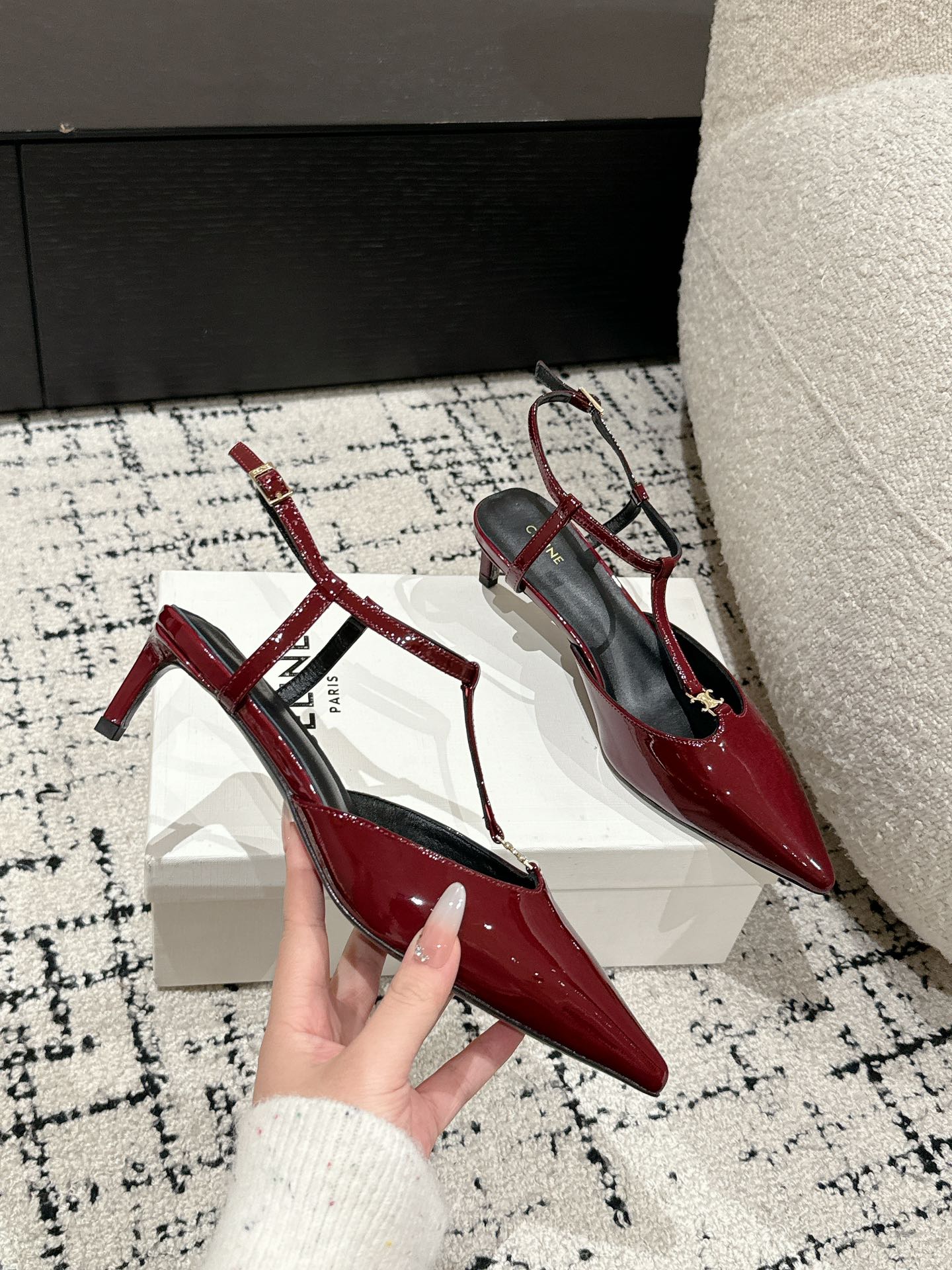 Celine Triomphe Pointed-Toe Kitten Heel Sandals
