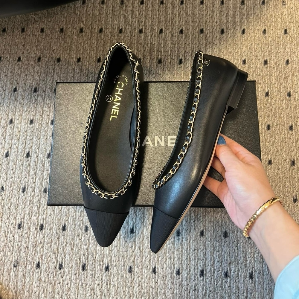 Chanel Leather And Fabric Cc Chain Link Ballet Flats Black