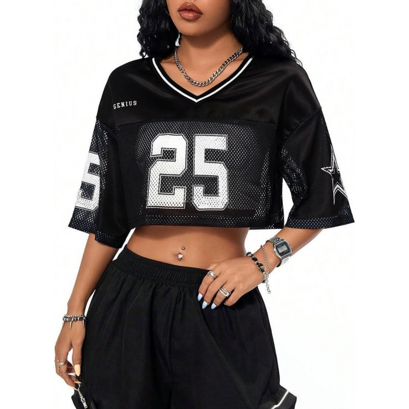 Jersey Shirts for Women Y2k Graphic Number Tees Hip Hop V Neck