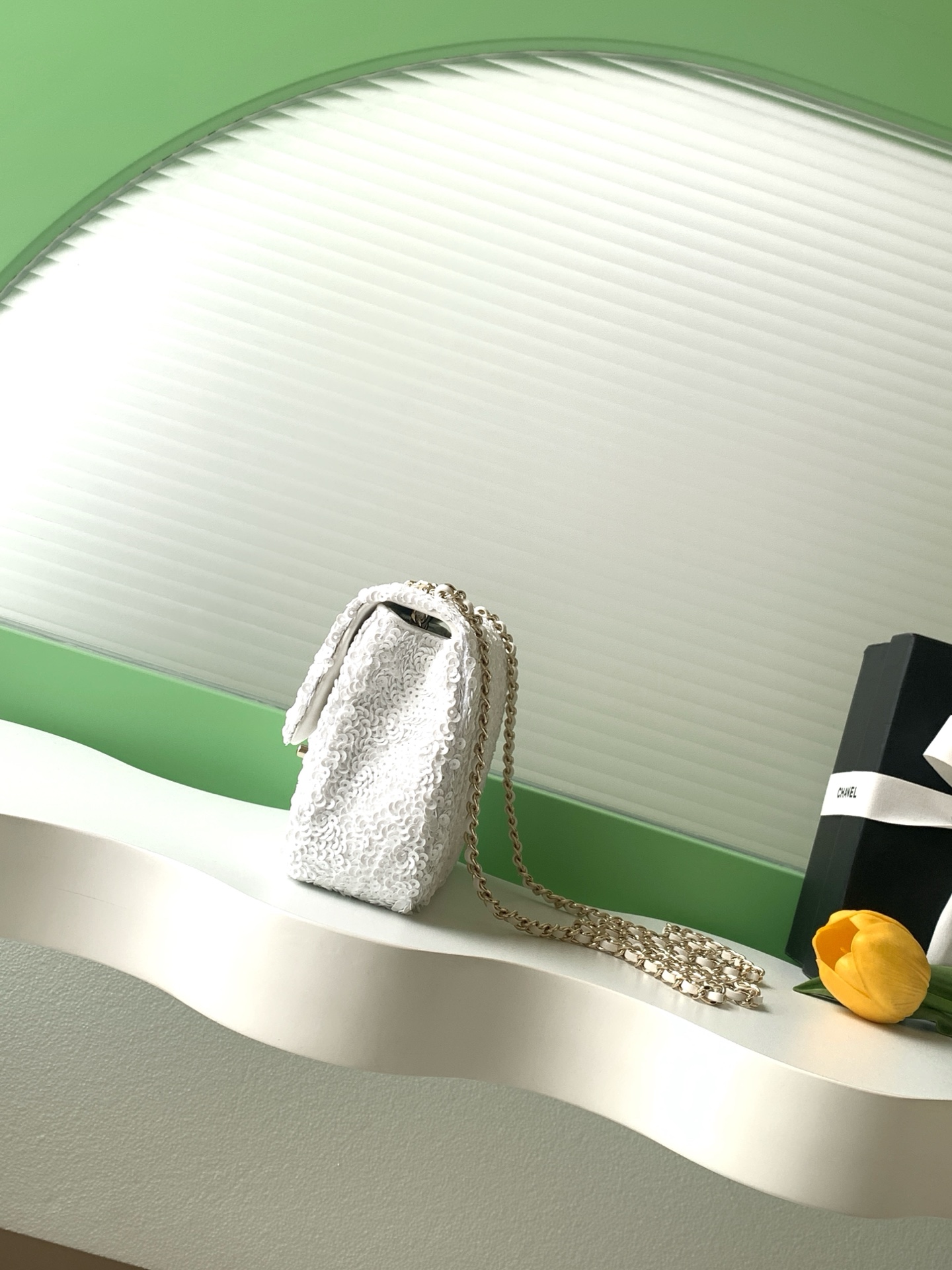 25B White Sequin Classic Flap (AS4561) in Quilted Sequins with Light Gold-Tone Hardware
