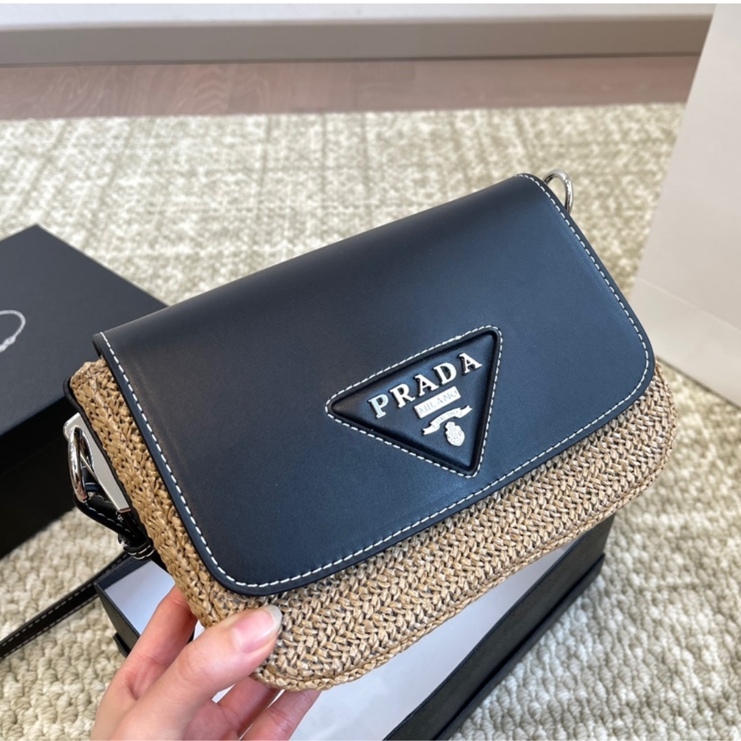 Prada Raffia And Leather Crossbody Bag Naturale Black 20Cm