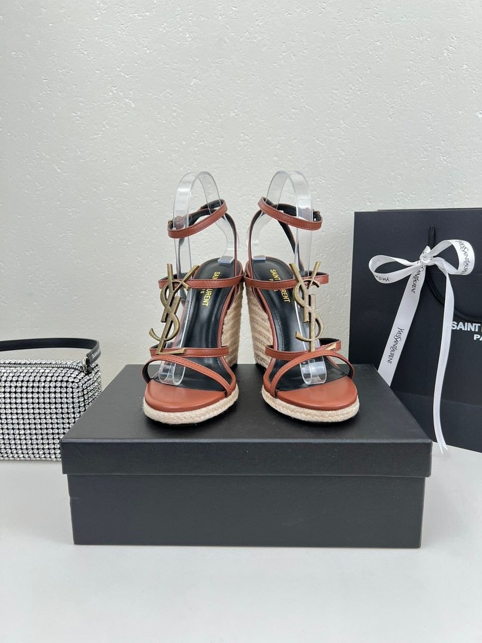 Saint Laurent Cassandra 115 Leather And Raffia Wedge Brown Sandals