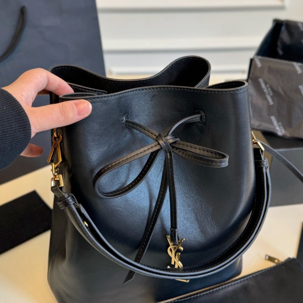 Saint Laurent Paris Vii Pochon Suede Leather Black 24Cm