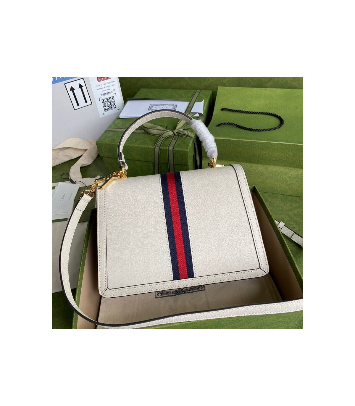 Gucci Ophidia Leather Small Top Handle Bag With Web