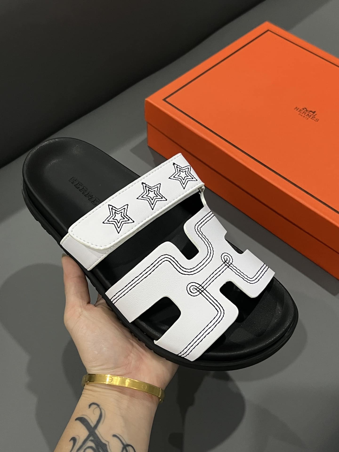 Hermes Chypre Sandal Star Stitched Blanc White