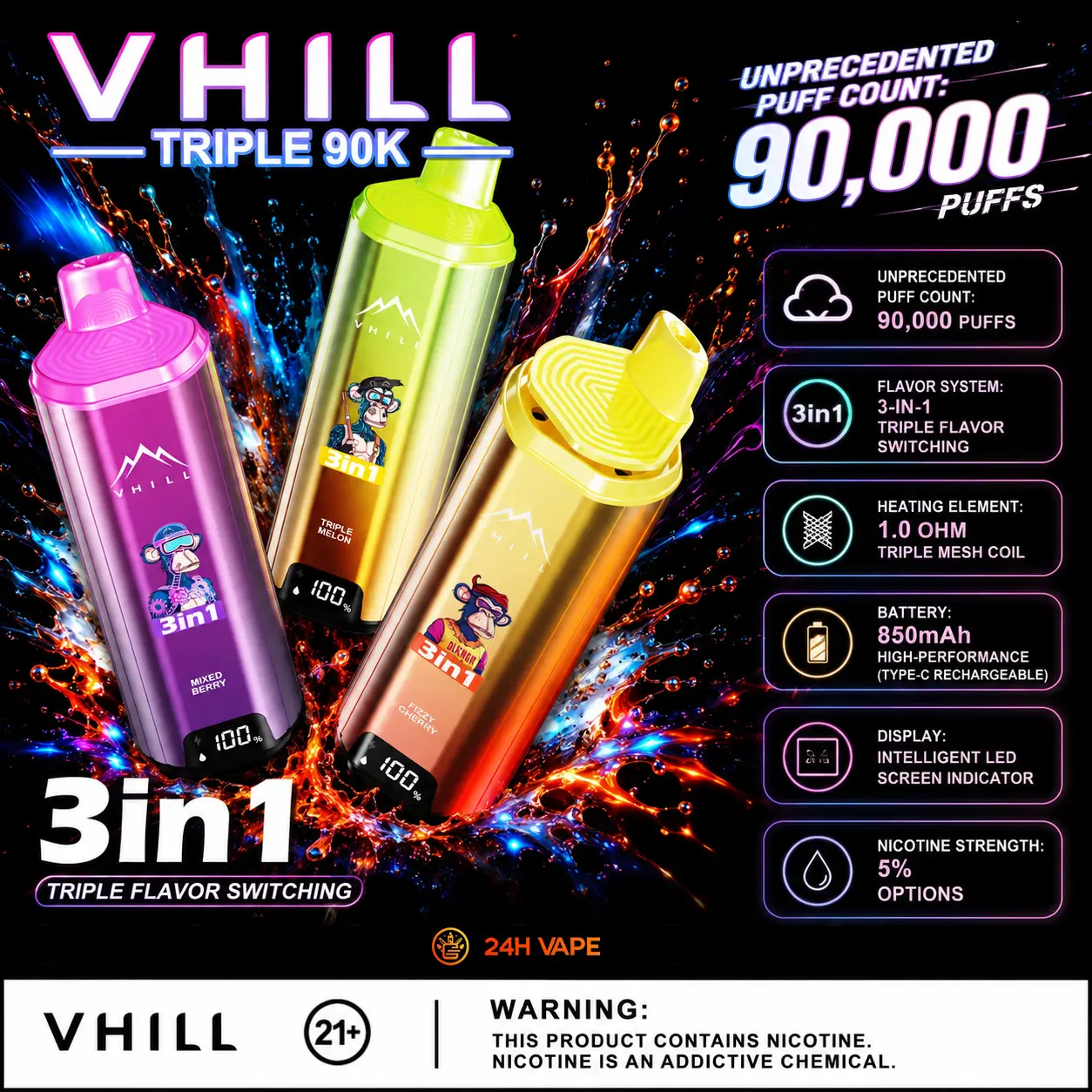VHILL Triple 90K 90000 Puffs 3 in 1 Flavors&LED Screen Original Rechargeable Disposable Vape EU Warehouse