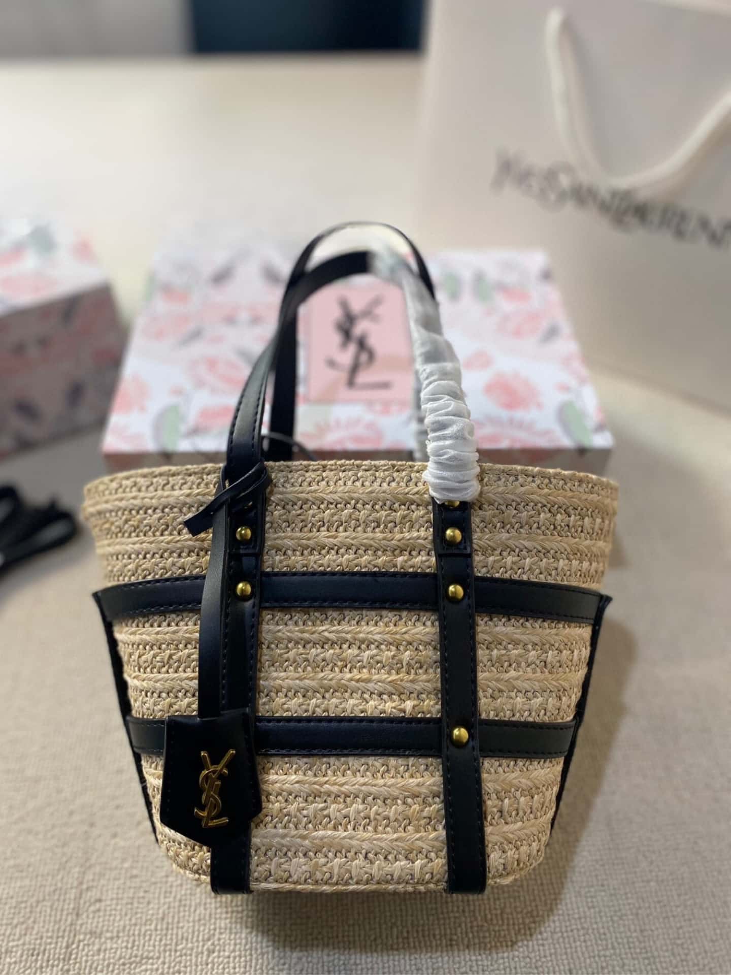 Saint Laurent Medium Panier Harness Raffia Tote Beige 17Cm