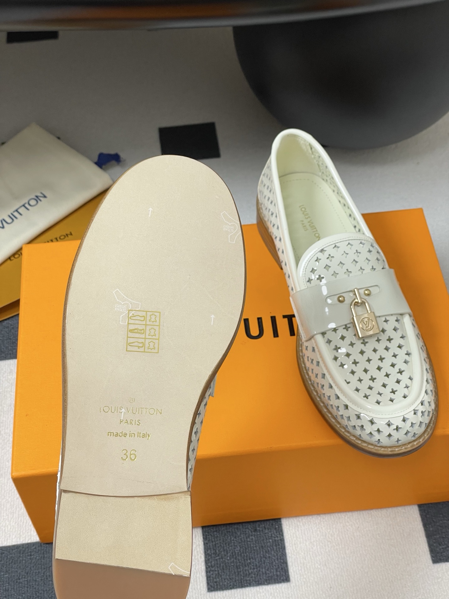 Louis Vuitton Chess Flat Loafer White Monogram Embroidered with Gold Padlock 1AGXRV