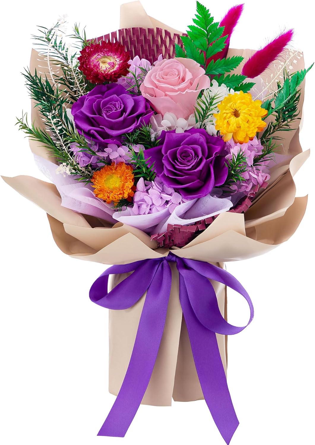 Forever Flowers Gifts for Mom, Mothers Day Preserved Flowers Bouquet Birthday Gifts for Her, Preserved Roses for Grandma Wife Anniversary Valentines Day Christmas (Purple Paper)
