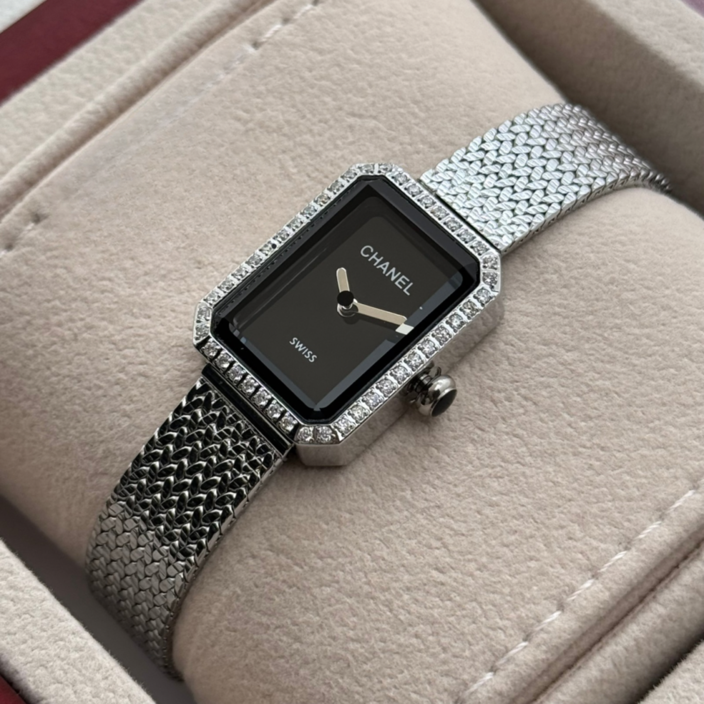 Chanel Première Silver Diamond Watch Black Dial