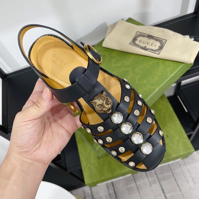 Gucci Rubber Crystal Embellishments Sandals Black