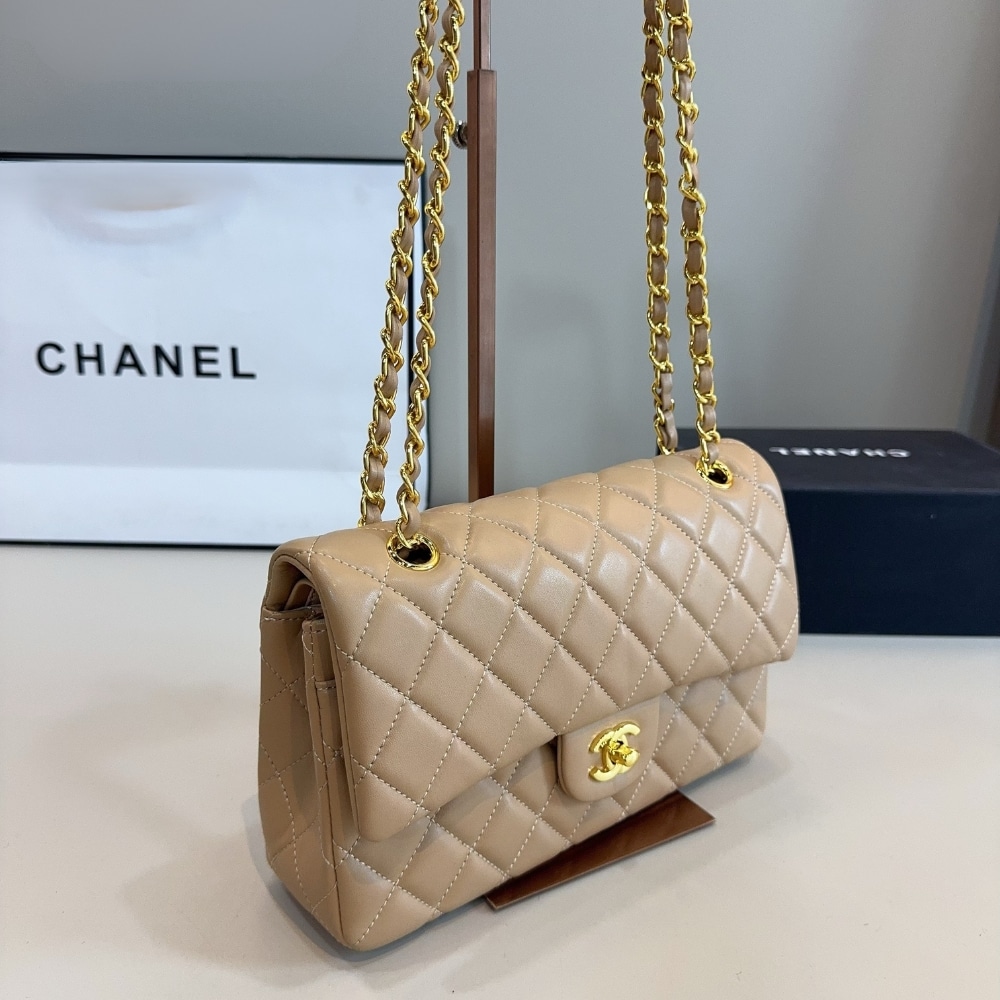 Chanel Medium Classic Double Flap Beige Gold Hardware 25Cm