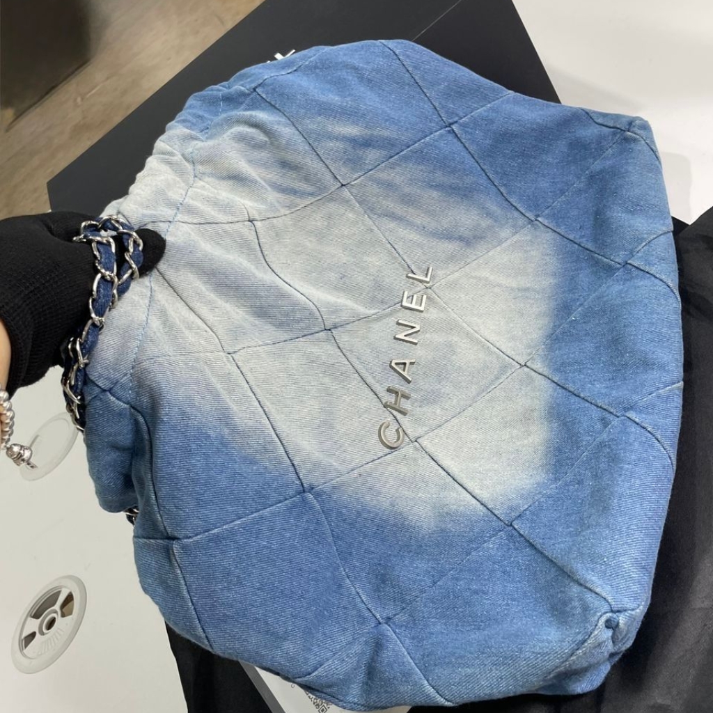 Chanel 22 Handbag Washed Denim Silver Tone Metal Blue 41Cm AS3261 B10439 NM981