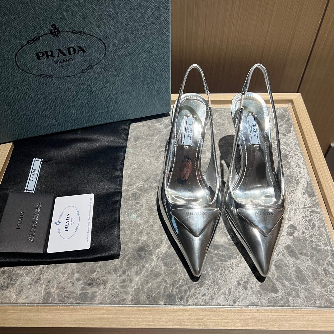 Prada Brushed Leather Slingback Pumps Silver