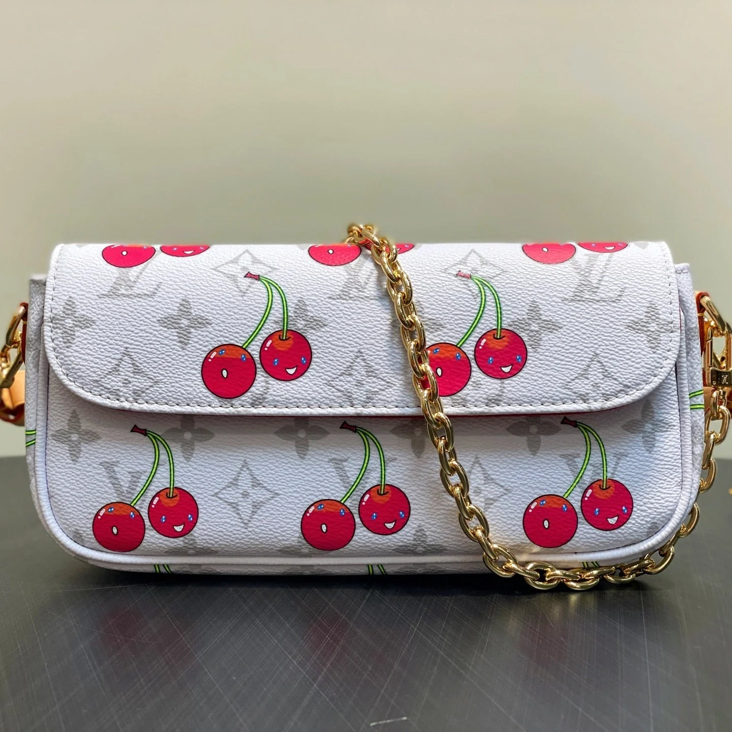 Ivy LV x TM Bag 23.5cm White Red Canvas Cowhide 335272