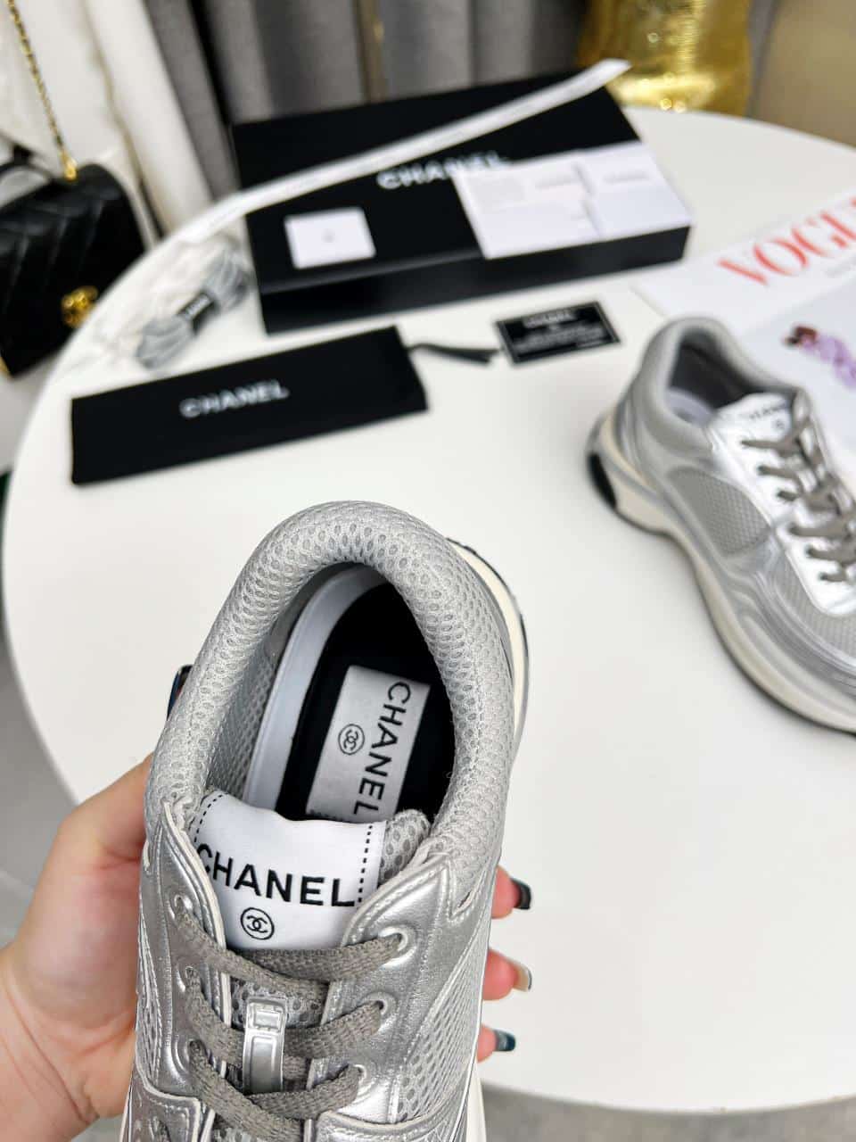 Chanel 23C Silver Metallic Cc Logo Lace Up Flat Runner Trainer Sneaker Gray