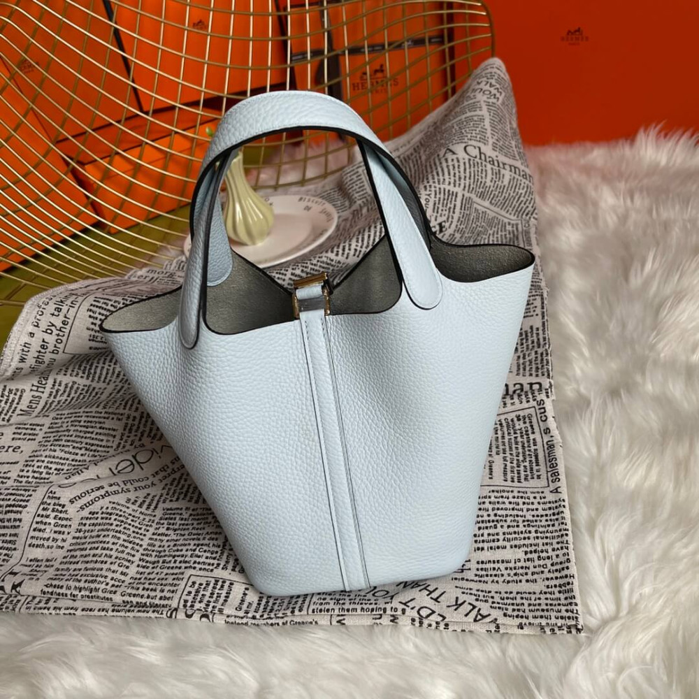 Hermes Picotin Lock Bag In Taurillon Clemence Bleu Pale 22Cm