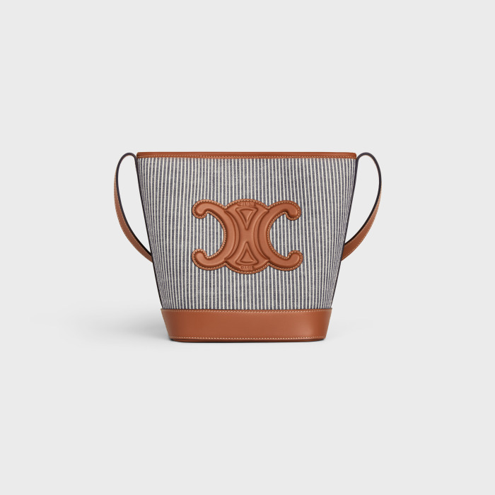 SMALL BUCKET CUIR TRIOMPHE IN STRIPED TEXTILE AND CALFSKIN NAVY BLUE