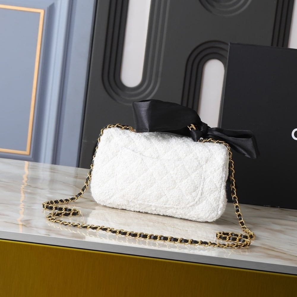 Chanel Mini Flap Bag With Top Handle Velvet Silk And Gold Tone Metal White 20Cm As5875 B22482 Mb103