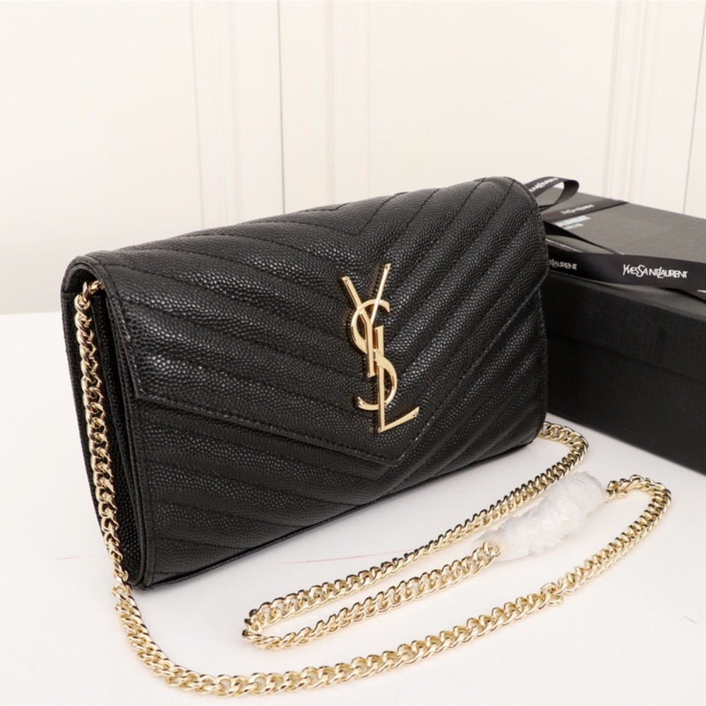 Saint Laurent Classic Cassandre Grain De Poudre Chain Wallet Black 22cm 377828BOW011000