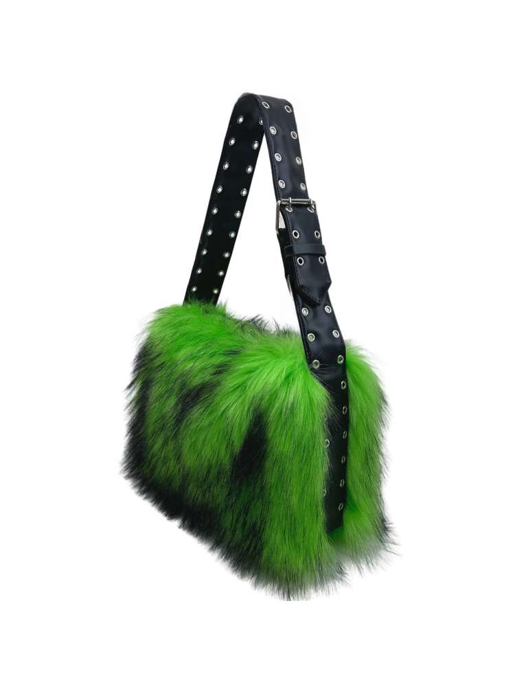 PU Belt Buckle Eyelets Handle Fake Fur Tote Bag