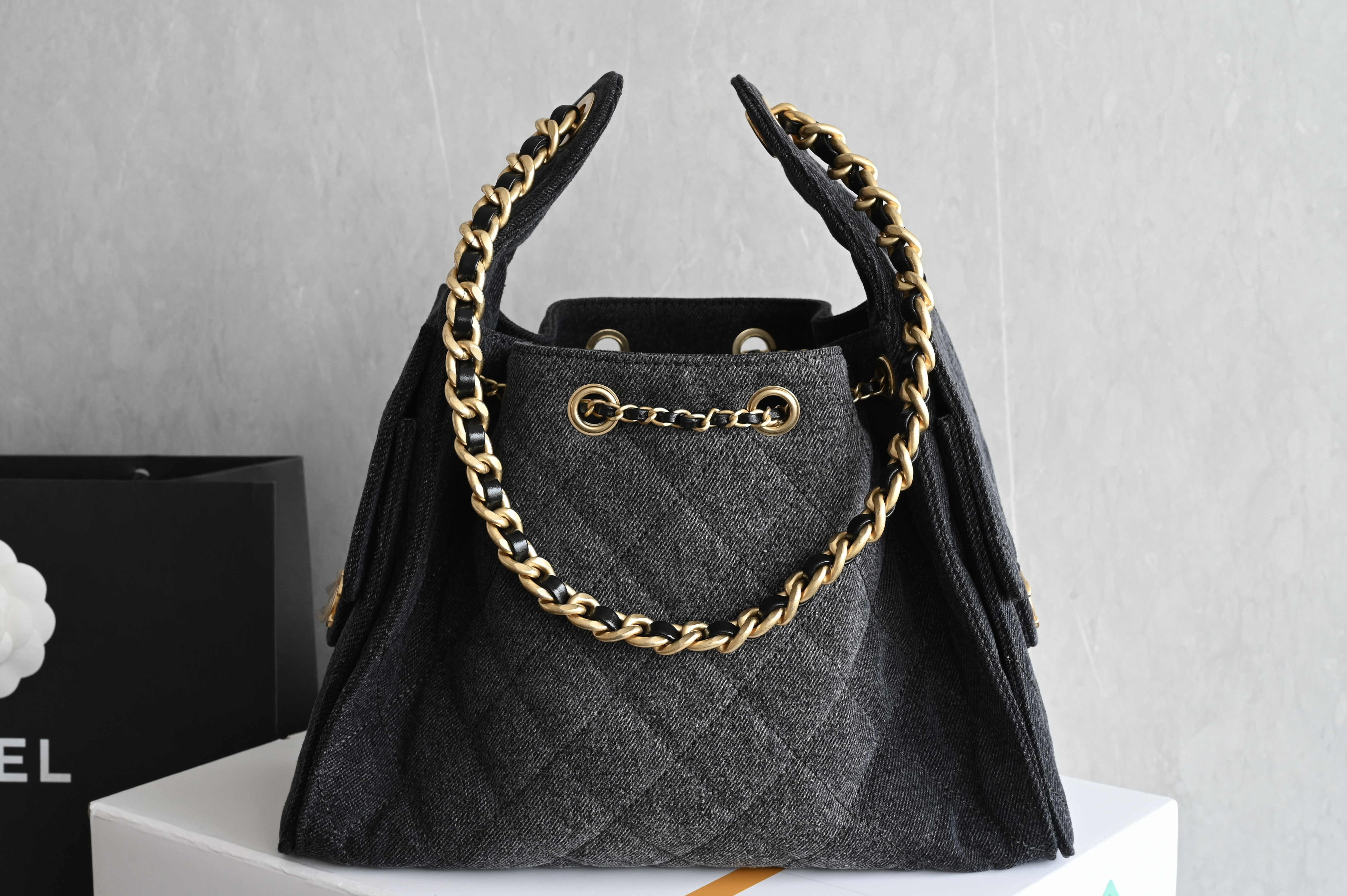 25 Small Handbag (AS5293) in Black Washed Denim with Antique Gold-Tone Hardware