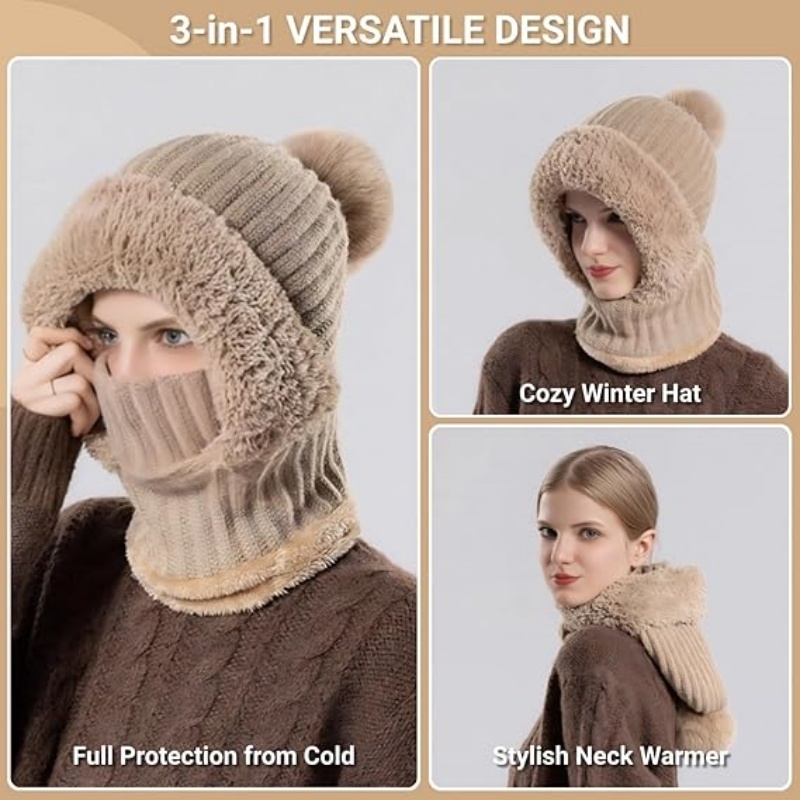 Women's Knitted Beanie Hat with Face Cover
