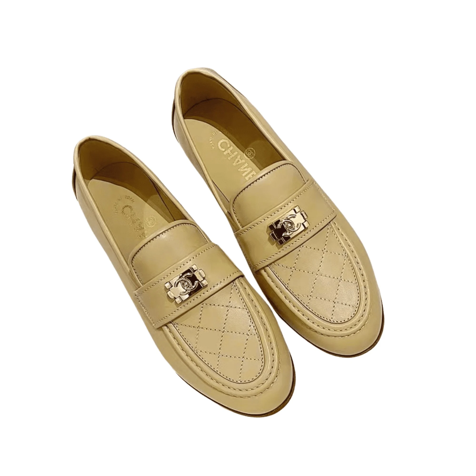 Chanel 20B Quilted Boy Lego Metal Logo Gold Mule Slip On Flat Loafers Beige