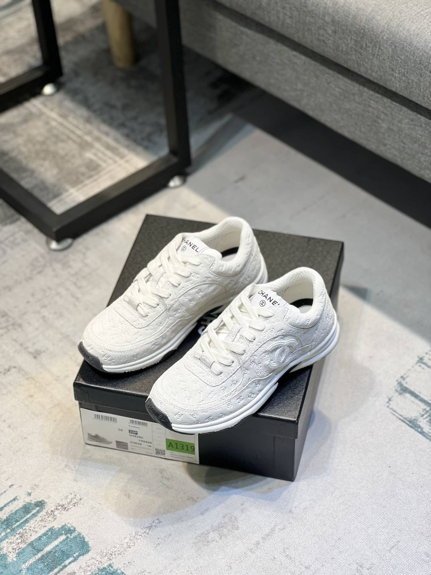 Chanel Cc Embossed Logo Suede White