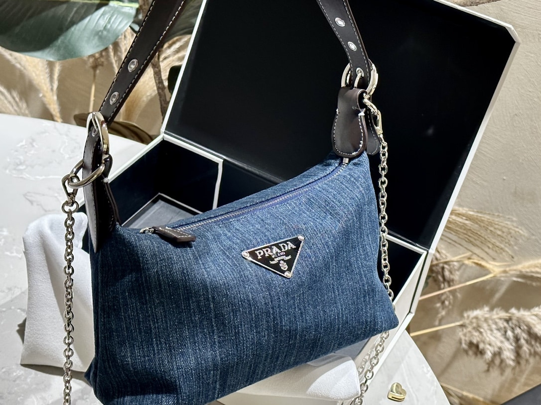 Prada Jeans Ring Shoulder Bag Denim Blue 25Cm