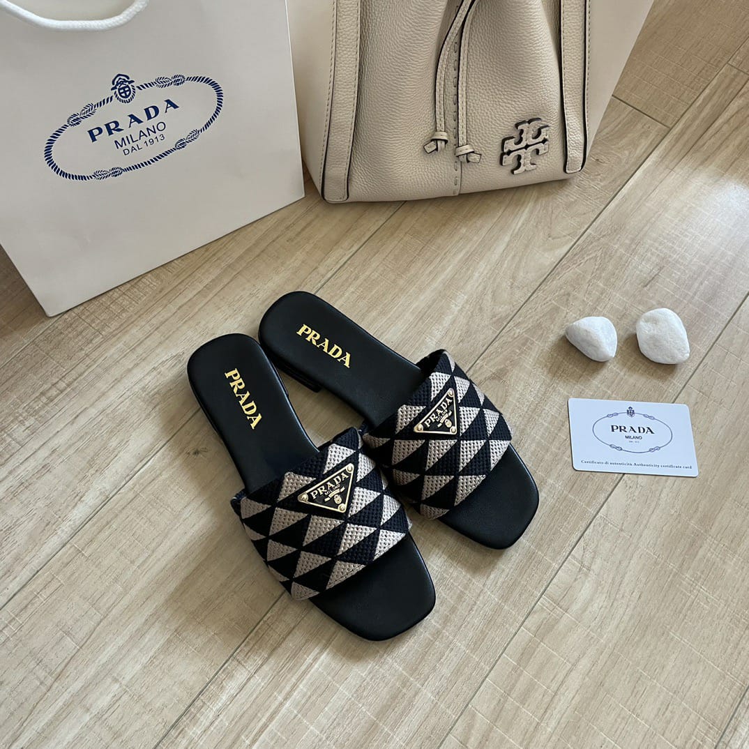 Prada Embroidered Fabric Slides Black White