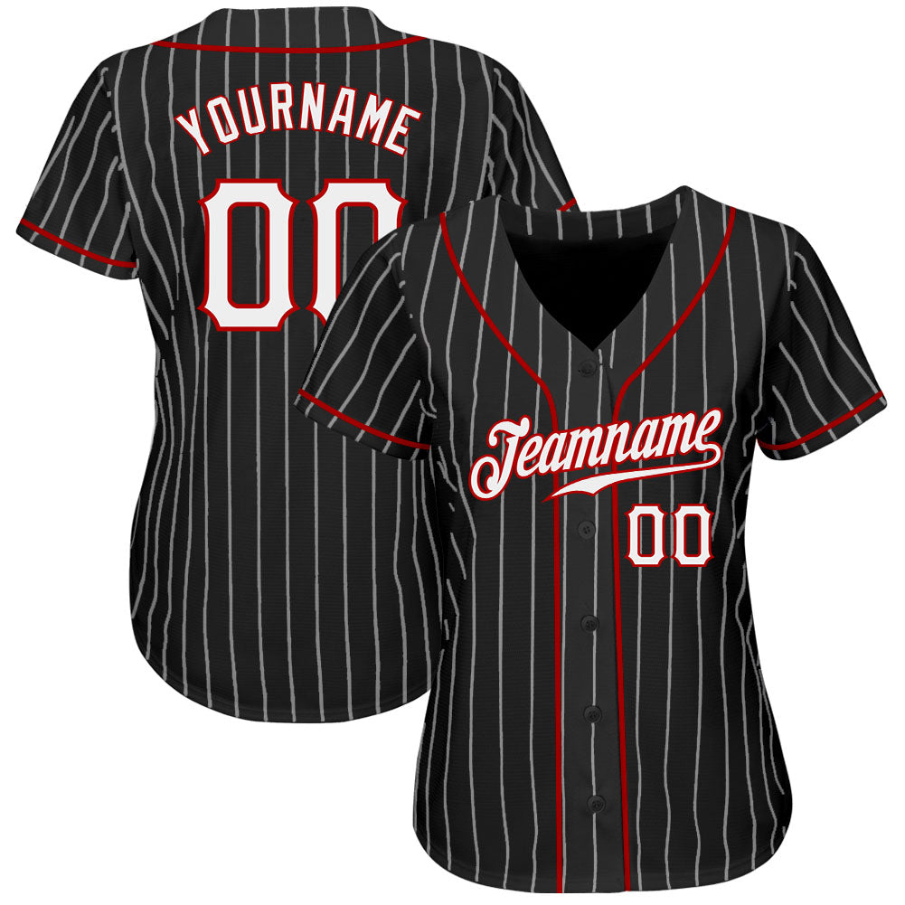 Custom Black White Pinstripe White-Red  Baseball Jersey