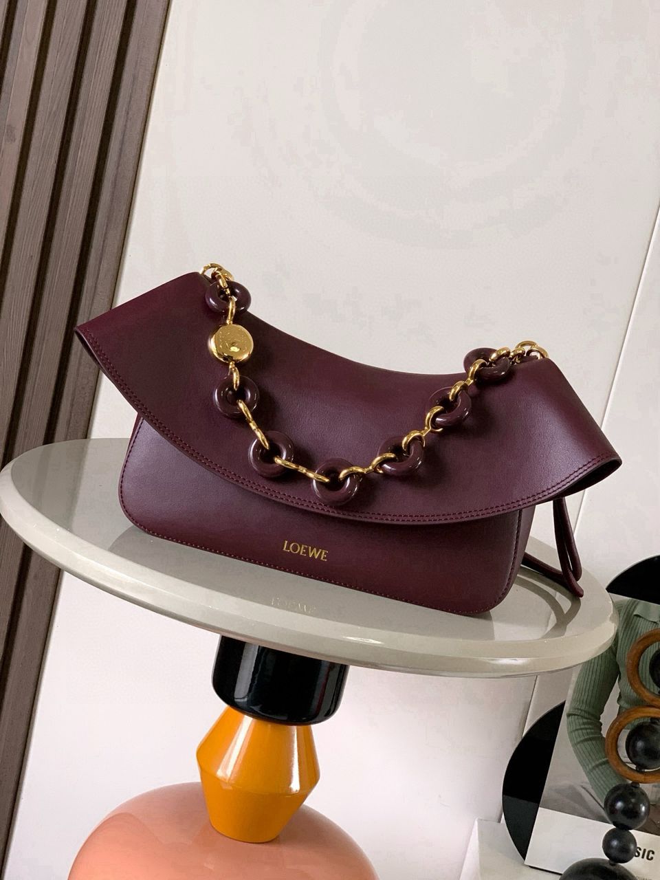LOEWE Burgundy Medium Leather Ola Shoulder Bag