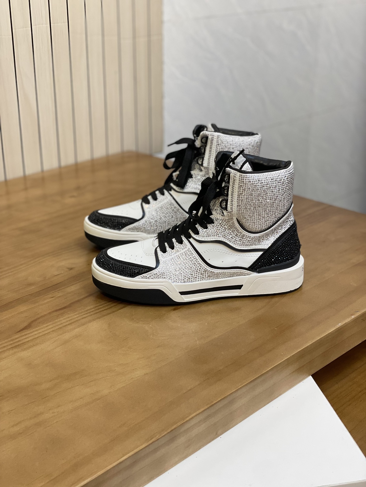 DOLCE & GABBANA Calfskin New Roma high-top sneakers with fusible rhinestones