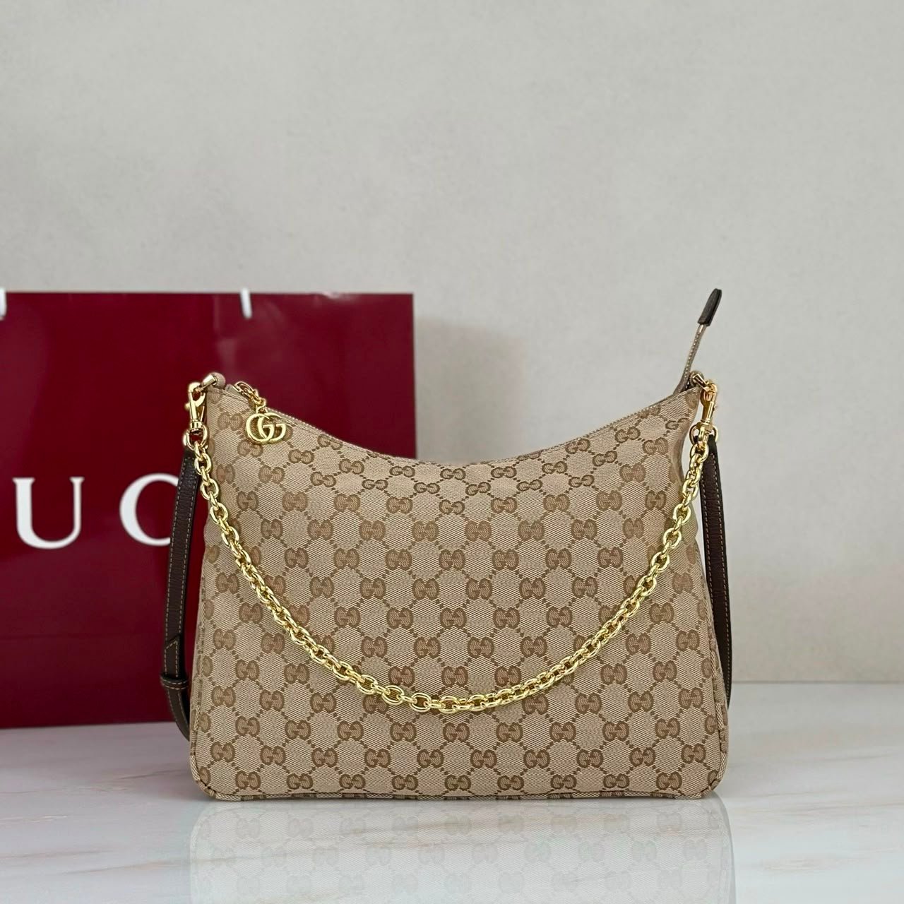 Gucci Lady Lunetta Chain Medium Shoulder Bag 30cm/12in Brown GG Canvas A006OA