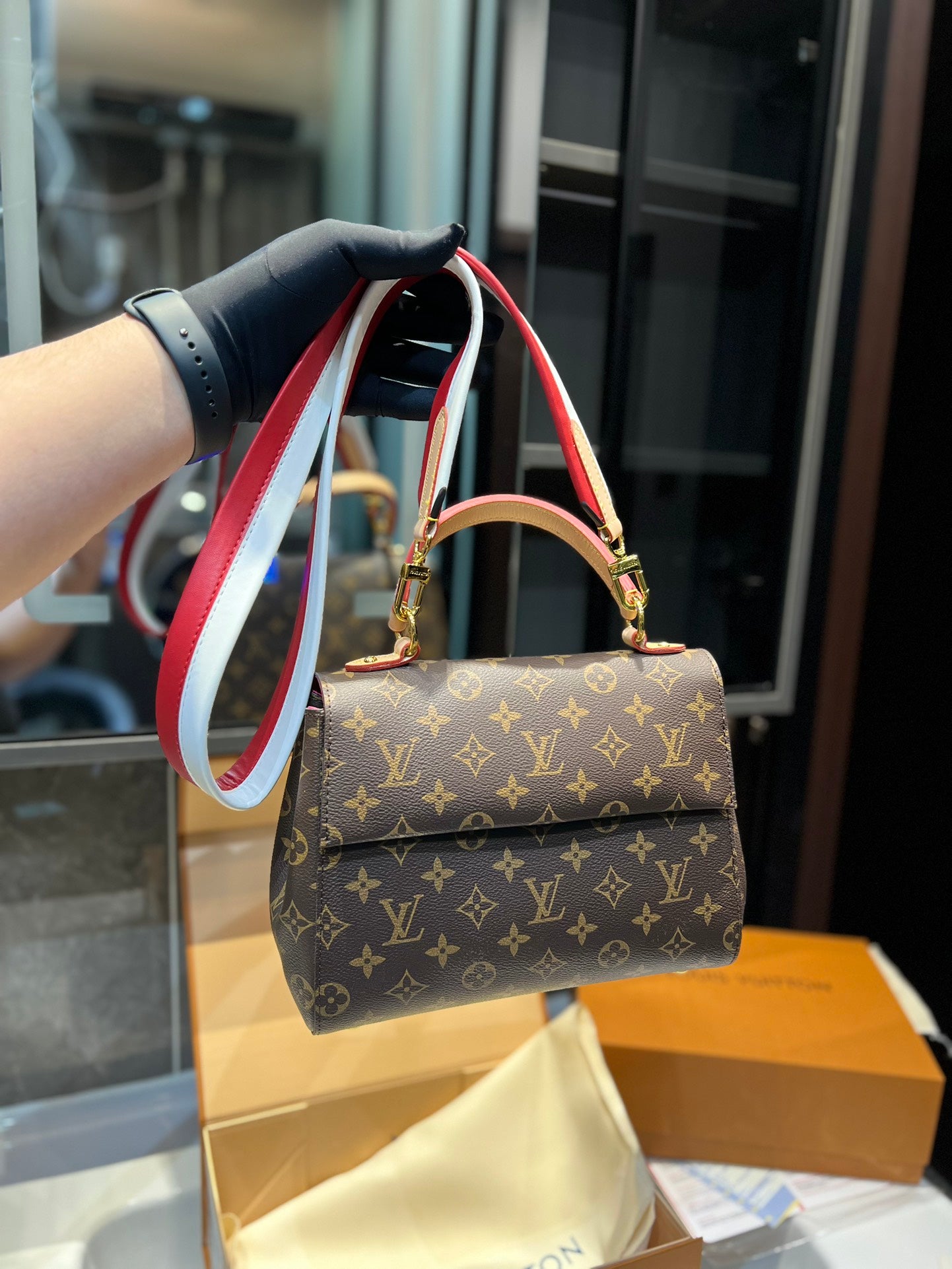 Louis Vuitton Cluny Brown Beige And Red Strap 25Cm