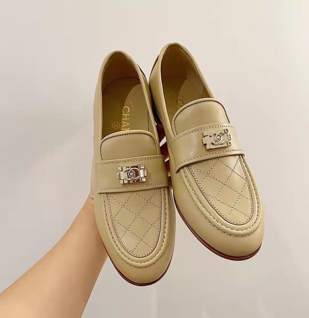 Chanel 20B Quilted Boy Lego Metal Logo Gold Mule Slip On Flat Loafers Beige