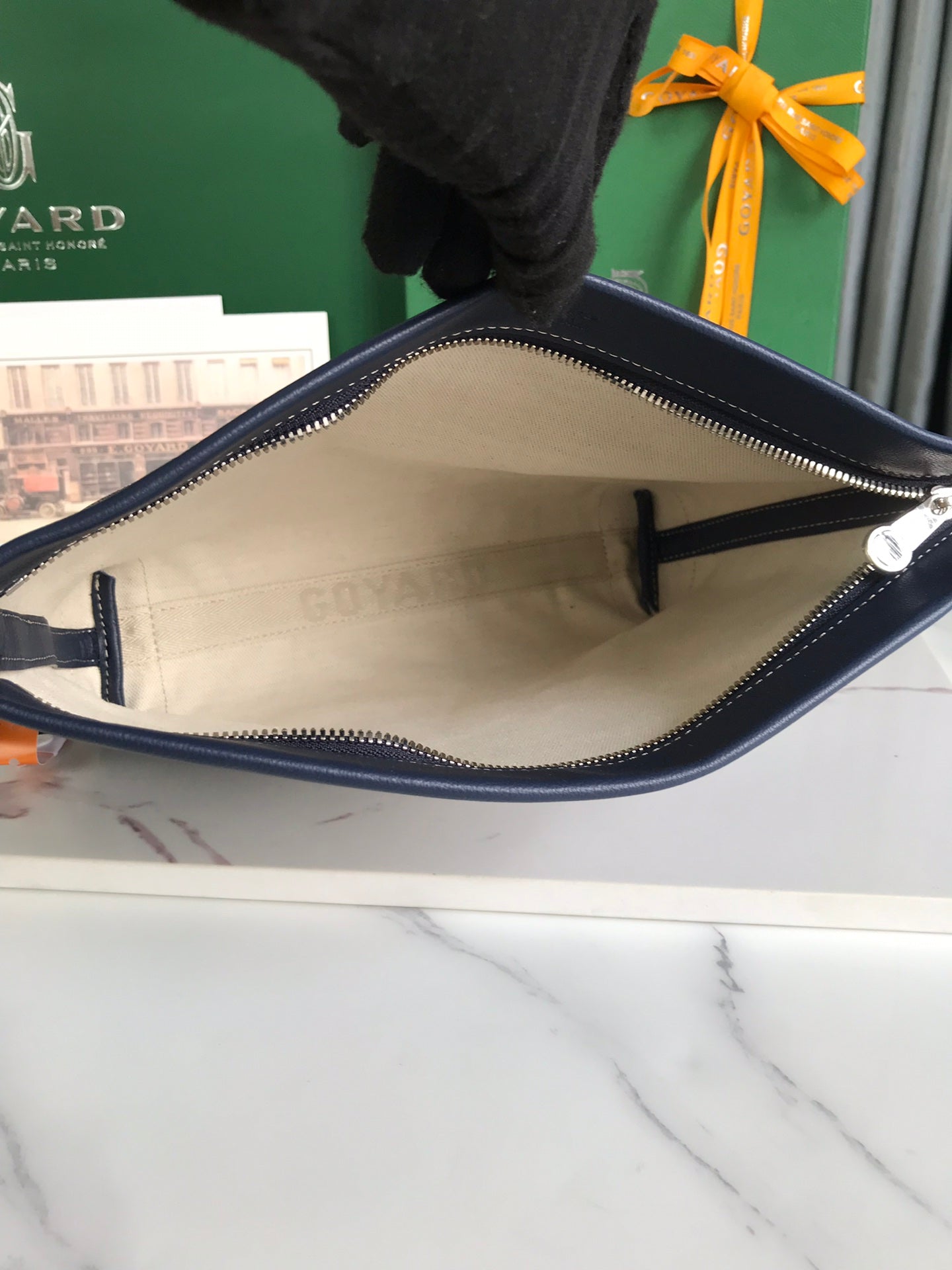 Goyard Conti Pouch 24 Cm Navy Blue Lambskin And Goyardine Canvas