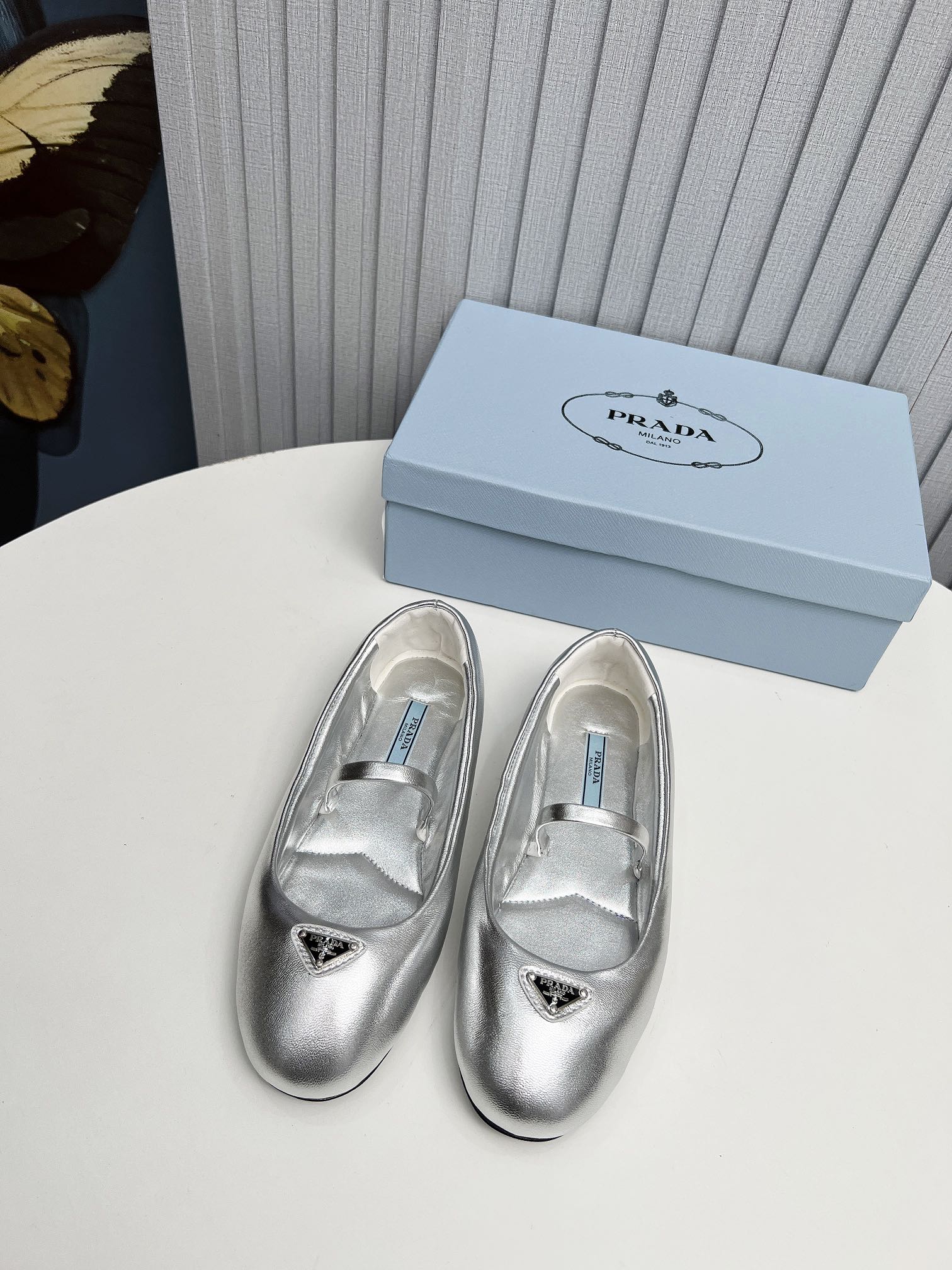 Prada Soft Padded Nappa Leather Ballerinas Silver